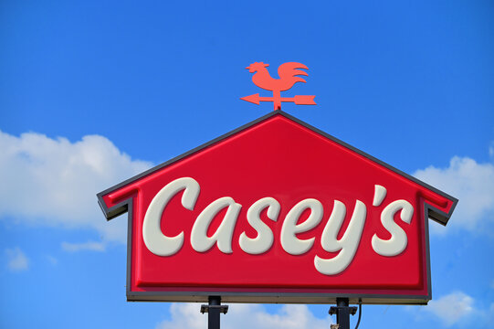 A sign above a Casey's General Store and fuel stop. Casey's provides self service petroleum products and convience store food, beveridge and some general merchandise through its about 2,500 locations.