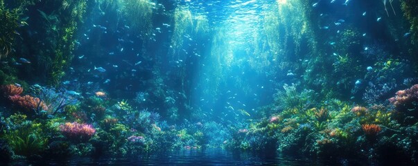 Fototapeta premium Majestic underwater gardens, schools of glowing fish, towering kelp forests, hints of ancient shipwrecks, fantasy world awaits