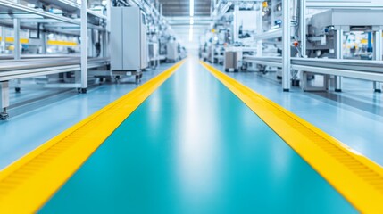 Obraz premium A brightly colored factory floor with a yellow guiding line, surrounded by machinery, exemplifying a modern industrial environment.