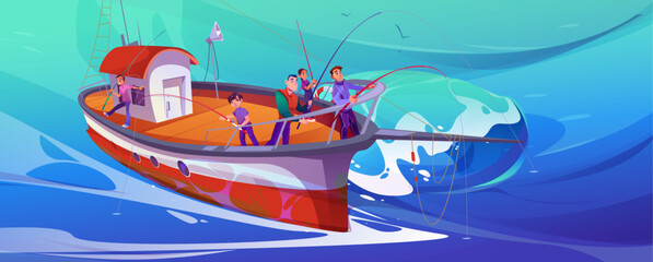 Family fishing on commercial boat in ocean cartoon. Fisherman, children and father in learning process with rod equipment. Seascape with ship for banner graphic backdrop. Nautical adventure concept