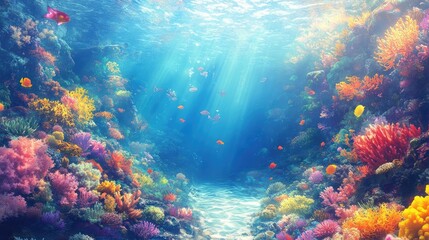 Obraz premium Panoramic view of colorful coral kingdoms, exploring underwater realms, vibrant marine life, shimmering treasures in sunlight