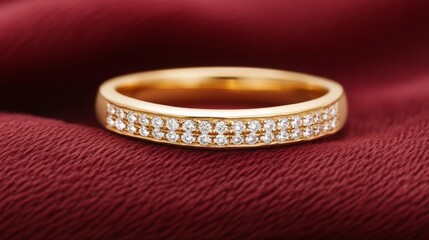 A gold ring adorned with sparkling diamonds, resting on luxurious crimson fabric.