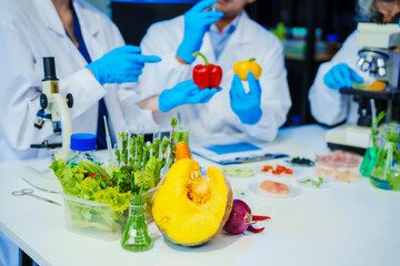 Reliable middle-aged Asian male researcher collaborates with experienced gray-haired elderly Asian female nutritionist in laboratory, focusing on food ingredients, extracts, nutrition and health.