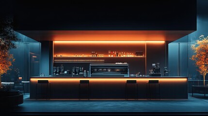 Rear view of a minimalist cafe, showcasing futuristic tech blending with culinary arts, soft lighting, sleek design, inviting atmosphere