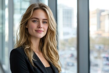 Portrait of a Young Woman with Blonde Hair and Blue Eyes, Smiling