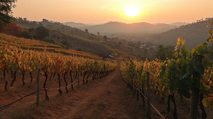 Fototapeta premium A beautiful sunset view at the vineyards in Wang Nam Khiao, with grapevines glowing in the evening light.