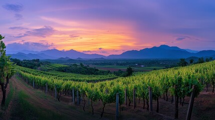 Naklejka premium A beautiful sunset view at the vineyards in Wang Nam Khiao, with grapevines glowing in the evening light.