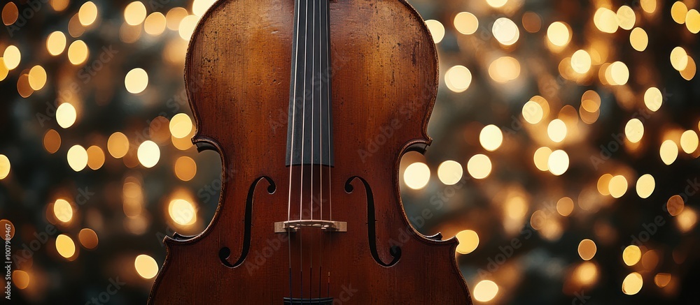 Poster a cello with a blurred background of bokeh lights.