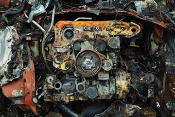 Fototapeta premium Close-up of a Rusted and Damaged Car Engine in a Junkyard