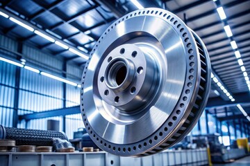 Close-Up View of New Metal Automobile Rotor with Blades Displayed in an Automotive Workshop Setting