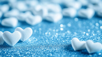 Soft white hearts float on a blurred background, symbolizing love, purity, and emotional connection. The dreamy and ethereal effect evokes tenderness, romance, and heartfelt feelings of affection