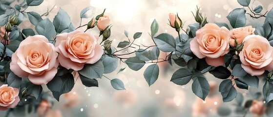 Fototapeta premium A close up of beautiful peach roses with green leaves, on a soft blurred background.