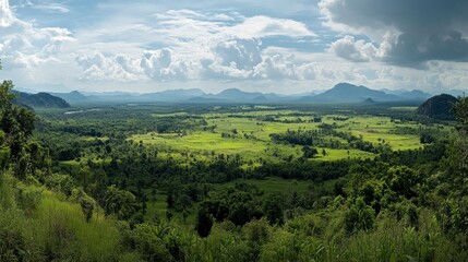 Naklejka premium A panoramic view of Khao Yai National Park from a popular viewpoint in Korat.