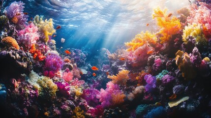 Underwater ballet, vibrant sea creatures dancing through colorful coral reefs, surreal dreamlike colors, tilted angle