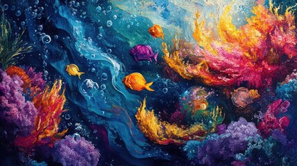 Underwater ballet, vibrant sea creatures dancing through colorful coral reefs, surreal dreamlike colors, tilted angle
