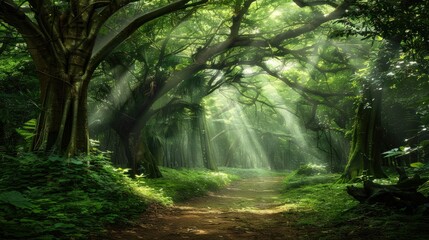 Obraz premium Sunbeams Illuminating a Path Through a Lush Tropical Forest