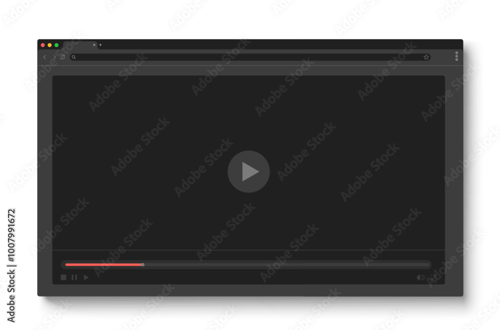 Poster browser with video player screen mockup template. ui page frame for media channel window. stream and