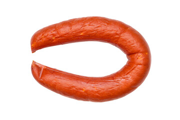 A ring of fresh meat sausage isolated on a white background. Close-up of smoked sausage.
