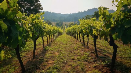 Naklejka premium A tranquil walk through the vineyards of PB Valley Khao Yai Winery, surrounded by lush vines.