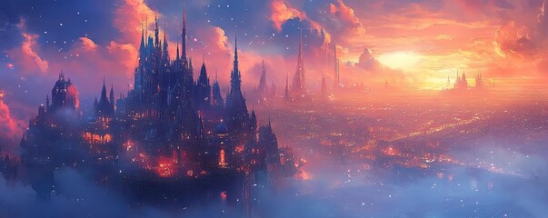 Fototapeta premium Worms-eye view of a vibrant fantasy city, blending dreamlike landscapes with surreal psychological shapes, ethereal colors, whimsical architecture