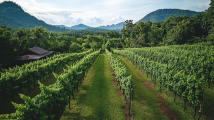 Naklejka premium A tranquil walk through the vineyards of PB Valley Khao Yai Winery, surrounded by lush vines.