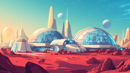 Retrofuturistic space colony on mars geodesic domes and sleek buildings house a thriving human settlement with the red martian landscape visible through large windows. Martian Colony. Illustration