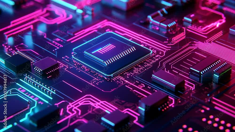 Poster a close-up view of a circuit board, showing a central processing unit with glowing pink and blue lin