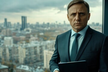A Serious Businessman Standing by a Window with a City View