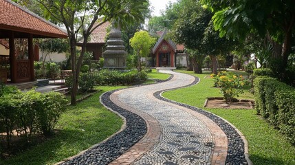 The beautifully maintained grounds of Wat Phayap, famous for its intricate mosaic interior.