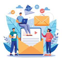 This illustration depicts the concept of email services with users engaged in sending messages showcasing modern communication tools and elements