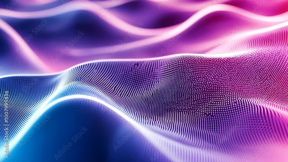 Poster a close-up view of a digitally rendered landscape with a blue and purple color gradient and a white 