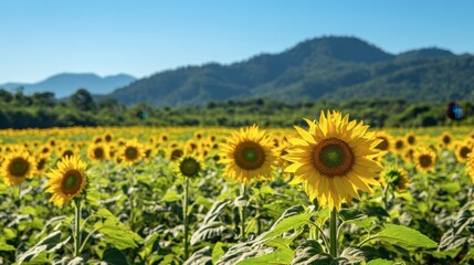 The colorful flower fields at Wang Nam Khiao, with sunflowers blooming under a clear blue sky.