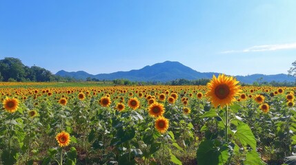 Obraz premium The colorful flower fields at Wang Nam Khiao, with sunflowers blooming under a clear blue sky.