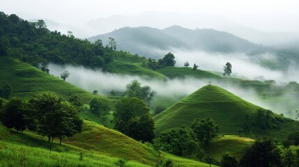 The cool, misty morning at Wang Nam Khiao, with rolling green hills and fog.