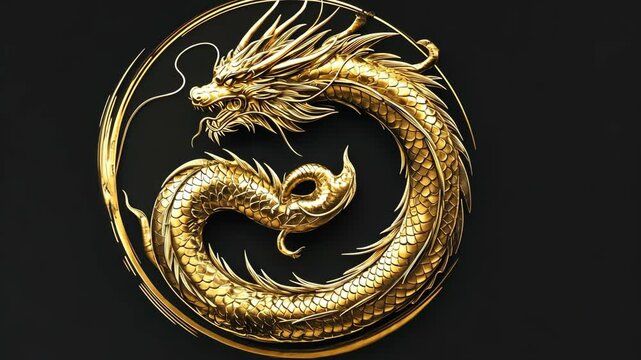 A golden dragon curls into a circle on a black background