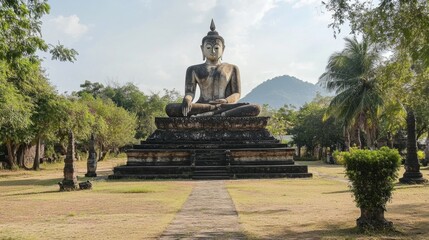 Obraz premium The giant seated Buddha statue at Wat Sala Loi, casting a peaceful gaze over visitors.