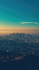 Fototapeta premium A breathtaking aerial view of a modern city skyline at sunset, showcasing architectural beauty and vibrant urban life.