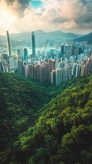 Obraz premium A breathtaking aerial view of a vibrant cityscape nestled between lush green mountains under a dramatic sky.