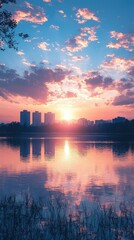 A breathtaking sunset over the water, reflecting vibrant colors and silhouetting urban buildings against a picturesque sky.