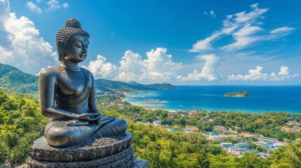 Fototapeta premium The iconic Big Buddha statue overlooking Phuket, surrounded by lush greenery and blue skies.