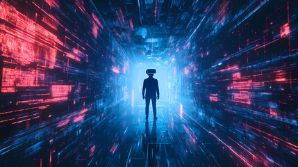 Virtual reality world with a fictional man exploring video game cyberspace. Virtual Reality World. Illustration