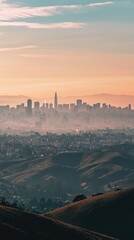 Naklejka premium A breathtaking view of a city skyline at dusk, showcasing silhouette buildings against a colorful sunset and misty hills.
