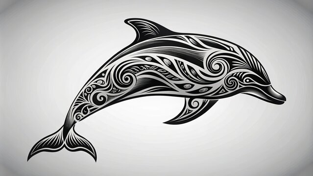 Elegant black and white dolphin silhouettes crafted for tattoo designs, symbolizing fish themes through minimalism and