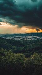 A breathtaking view of a landscape under dramatic clouds with rain, showcasing nature's beauty and the tranquility of the scenery.