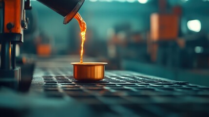 Molten metal pouring from a cup into a mold, industrial workshop background.