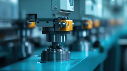 Fototapeta premium Precision industrial machinery part in a modern factory setting.