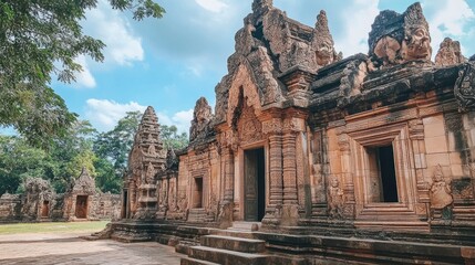 Fototapeta premium The impressive details of stone carvings at the entrance of Phanom Rung Historical Park.