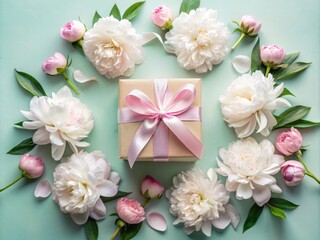 Elegant Gift Box Adorned with White Peony Flowers on Pastel Table for Special Occasions Flat Lay