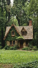 A charming, ivy-covered cottage nestled in a lush forest, evoking a sense of tranquility and nature's beauty.