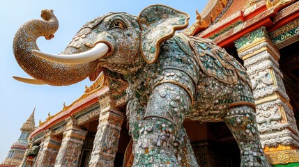The intricate mosaics and sculptures of the giant elephant at Wat Ban Rai under a clear sky.